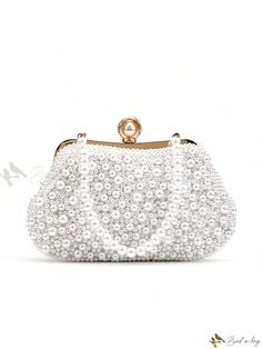 Bird in Bag - Small Pearl Clutch Bag with Diamond Accents and Chain Detail White Party Bag With Chain, White Wedding Bag With Chain Strap, White Chain Bag For Formal Occasions, Formal White Chain Bag, Diamond Clutch, Pearl Clutch Bag, Beaded Clutch Bag, Pearl Clutch, Bucket Purse