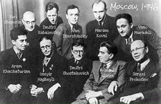 Reinhold Glière, birthday party, 1946 (front row: Aram Khachaturian, Uzeir Gadzhibekov, Dmitri Shostakovich, Reinhold Gliere, Sergei Prokofiev) Piano Portraits, Dimitri Shostakovich, Ethereal Music, Sergei Prokofiev, Dmitri Shostakovich, Classical Music Composers, Classical Composers, Basic Anatomy And Physiology, Orchestra Music