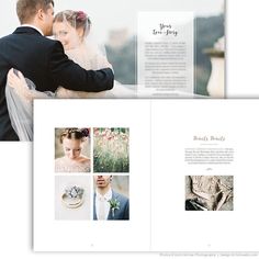 the wedding album is open to show photos and information for the couple's wedding day