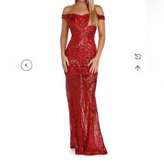 It Features An Off The Shoulder Neckline With Strap Accents. No Slip Strip And Semi-Sweetheart Bust. Slim Fit Bodice Leads To Flair Length Skirt. Vibrant Red Hue Is Complemented With Twinkling Sequin. Dress Is Composed Of A Mesh Fabric That Offers A Form Hugging Fit With Minimal Stretch. Includes Back Zipper With A Smooth Knit Lining. Approx. 60” Shoulder To Hem Bust 32” Waist 26” Size Medium New With Tags Sku# Z-9 ( Hanging Up) Red Off-shoulder Maxi Dress For Date Night, Red Off-shoulder Maxi Dress For Party, Red Off-shoulder Holiday Dress, Red Off-shoulder Dress For Party Season, Green Lace Maxi Dress, Navy Blue Cocktail Dress, Green Bodycon Dress, Sheer Maxi Dress, Pink Dress Women