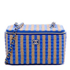 Gorgeous Chanel Vanity Raffia Bag Designer Blue Box Bag With Removable Pouch, Designer Blue Top Handle Box Bag, Designer Blue Box Bag With Top Handle, Designer Blue Box Bag For Travel, Travel Blue Box Bag, Designer Blue Tote Box Bag, Designer Blue Box Bag For Shopping, Blue Crossbody Box Bag With Gold-tone Hardware, Blue Tote Box Bag With Gold-tone Hardware