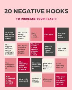 a pink poster with the words 20 negative hooks to increase your reach on it