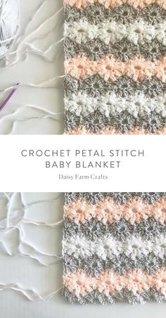 the crochet petal stitch baby blanket is laying next to knitting needles and yarn