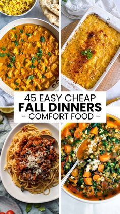 four different images with the words, easy cheap fall dinners and comfort food on them