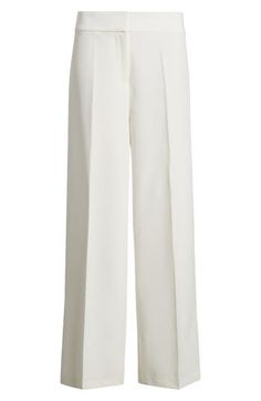 Sharp front pleats create a refined appearance on these wide-leg pants expertly tailored to elevate both in-office and off-duty looks. 31" inseam; 24 1/2" leg opening; 10 3/4" front rise; 15 3/4" back rise Zip fly with hook-and-bar closure 89% polyester, 11% spandex Dry clean Imported Elegant White Wide Leg Pants With Pressed Crease, Tailored White Wide Leg Pants With Pressed Crease, White High-waisted Wide Leg Pants With Pressed Crease, Formal White Wide Leg Pants With Pressed Crease, Chic White Bottoms With Pressed Crease, White Wide-leg Bottoms With Pressed Crease, Fitted White Wide Leg Pants With Pressed Crease, White Wide Leg Pants With Pressed Crease For Work, White Pants With Pressed Crease For Work