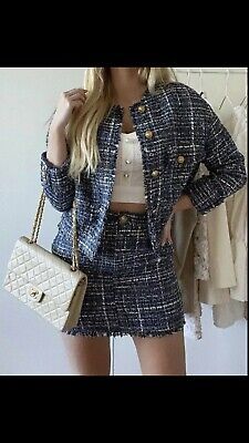 Top Seller for 100% Authentic ZARA Tweed Frayed Blue Skirt With Gold Buttons Size: L, Women's Coats Jackets Tweed Blazer Outfit, Zara Tweed Blazer, Tweed Outfit, Zara Tweed, Outfit Ideas For Women, Blazer Outfits, Tweed Blazer, Really Cute Outfits, Blue Skirt