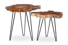 two wooden tables with hairpin legs and one is shaped like a tree trunk, the other has a metal base