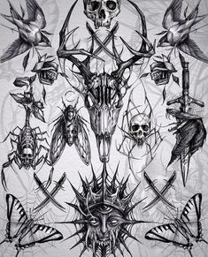 an artistic drawing with skulls and other things