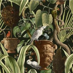 a painting of birds and plants on a black background