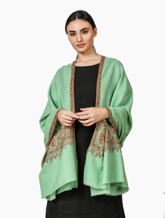 Elevate your style with our stunning Sea Green Cashmere Pashmina Shawl Embroidered, made from luxurious pashmina cashmere and beautifully crafted in the traditional Kashmiri style. This shawl is the perfect addition to your collection of cashmere wraps. • Hand Embroidered Cashmere Pashmina Shawl• Hand-woven 100% Cashmere Pashmina Shawl (World’s Finest Quality Cashmere)• Size: 100 cm X 203 cm / 40 Inch X 80 Inch / 1.1 x 2.2 Yards (Approx)• Base Color: Sea Green• Embroidery Color: Multiple Colors• Embroidered Shawl, Kashmiri Shawls, Green Embroidery, Cashmere Pashmina, Cashmere Fabric, Cashmere Wrap, Cashmere Shawl, Pashmina Shawl, Needle Work