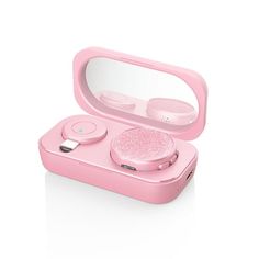 an open pink case with two earphones in it on a white surface and the lid is closed