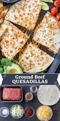 ground beef quesadillas on a baking sheet with ingredients for the recipe in separate pans