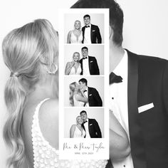 a man and woman are holding up a photo booth card for their wedding day in black and white