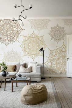 Image of a decorative wall covered with Boho Chic Mandalas Wallpaper from HappyWall.com White Floorboards, Mandala Wall Stencil, Mandala Pillows, Mandala Stencils, Stenciled Floor, Stencil Furniture, Wall Tattoo, Mandalas Design, Mandala Wall Art