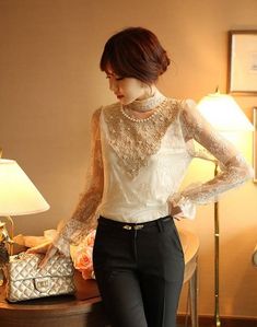 Elegant Pearl Studded Lace Flower Long Sleeve Blouse sold by KoKo Fashion on Storenvy Cheap Womens Tops, Lace Blouse Long Sleeve, Lace Flower, Tops Online, Chiffon Shirt, Lace Flowers, Online Fashion Stores, Women's Tops, Fashion Tops