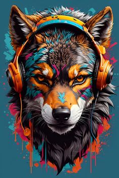 a wolf with headphones on it's ears is shown in this colorful painting