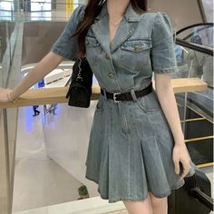 Product Show： Size Chart: Size/(cm) Length Bust Sleeve Waist S 77 84 22 64 M 79 88 23 68 L 81 92 24 72 XL 83 94 25 76 Product Details Denim Dress Korean, Dress Korean, A Line Dresses, Korean Dress, Summer Clothing, Evening Attire, Glamorous Evening Gowns, Blazers For Women, Summer Dresses For Women