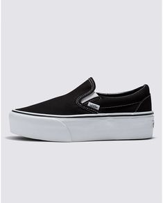 Vans Classic Slip-On Stackform Shoe Black/Classic White VN0A7Q5RBMX - APLAZE Platforms Aesthetic, Black Slip On Vans, Slip On Vans, Vans Store, Black Slip On, Platform Mary Janes, Shoe Black, Snowboard Boots, Mens Shoes Boots