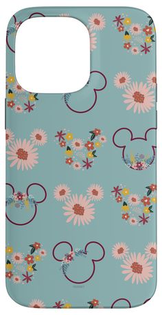 a blue phone case with flowers and mickey mouse ears on the front, along with pink daisies