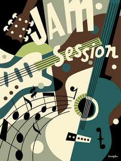 a poster for jam session with guitars and music notes