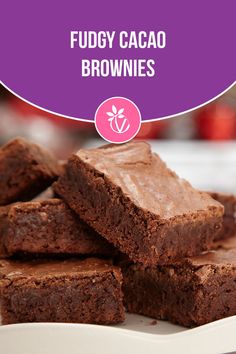 fudgey cacao brownies on a plate with the title above it