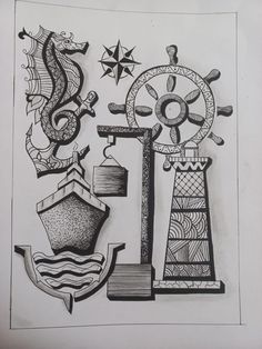 an ink drawing of various objects and symbols in black and white, including a ship wheel