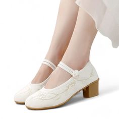 ❁Embrace Timeless Elegance and Natural Beauty: Embroidered Leaf Block Heels ❁Step into a world of effortless style and subtle sophistication with our captivating embroidered leaf block heels!  Featuring a classic block heel design with a comfortable 4.5cm/1.8-inch height, these heels offer both style and comfort for all-day wear.  The meticulously embroidered leaf design adds a touch of natural beauty and artistic flair to your everyday look.  Choose between two stunning color options: crisp whi White Floral Embroidered Closed Toe Heels, White Embroidered Closed Toe Sandals, White Embroidered Summer Heels, White Embroidered Closed Toe Wedding Shoes, Traditional Flat Embroidered Wedding Shoes, Cottage Core Shoes, Bridesmaids Heels, Chinese Button, Embroidered Leaf