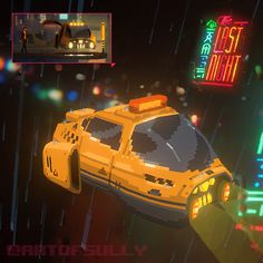 an animated image of a yellow taxi cab in the rain with neon signs behind it