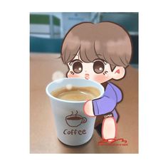 a cartoon character holding a cup of coffee