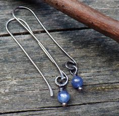 Kyanite sterling silver long dangle earrings by LisasLovlies Handmade Dainty Long Drop Linear Earrings, Dainty Handmade Linear Long Drop Earrings, Hand Forged Dangle Earrings As Gift, Blue Stone Earrings, Wrapping Tutorial, Metal Smithing, Wrapped Earrings, Jewelry Sale, Long Dangle Earrings