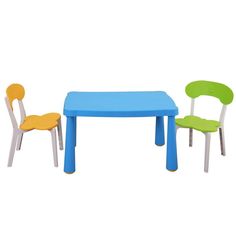 three children's plastic chairs and a table with one child's chair in different colors