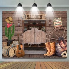 an old western saloon with cowboy boots and other items on the floor in front of it