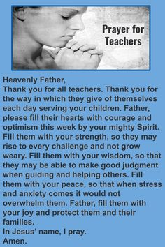 a blue poster with the words prayer for teachers and an image of a child's face