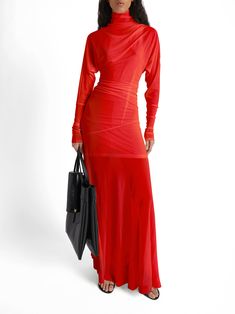 The Paula Dress was seen on the Fall 2024 Runway. The focal point of look 15, this vibrant red dress is crafted in Sheer Crepe Jersey to a high neck silhouette with an asymmetric drape. Kimono style sleeves with small slits at the wrists detail the dress form. The dress is completed with a tonal sleeveless slip. 2024 Runway, Heeled Mules Sandals, Bridal Event, Johanna Ortiz, Kimono Style, Office Attire, Summer Staples, Fine Jewelry Designers, Dress Form