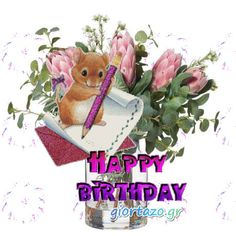 a happy birthday card with an image of a hamster holding a pen and flowers