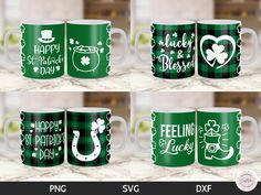 four different mugs with the words happy st patrick's day and irish symbols