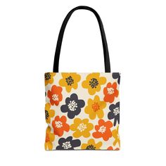 Vintage style flower-themed tote bag in deep orange and yellow hues, perfect for adding a cute touch to your fall outfits. The durable 100% polyester fabric makes it ideal for everyday use. This tote bag is relevant to those who love vintage style florals and are looking for a practical accessory for shopping, errands, or carrying essentials. Perfect for fall season and Thanksgiving holiday. Product features - 100% Polyester body for strength and quick drying - Reinforced stitching on handles for added durability - Boxed corners for extra room - 5 color handle options for customization - Available in 3 sizes to match customer needs Care instructions - Remove all items from the bag before cleaning. Suggested to pretreat visible stains with stain remover. Mix warm water with laundry detergen Yellow Retro Shoulder Bag For Everyday Use, Retro Yellow Shoulder Bag For Everyday, Retro Yellow Shoulder Bag For Daily Use, Orange Shoulder Bag, Vintage Orange Bag As Gift, Retro Orange Shoulder Bag For Everyday, Retro Yellow Bag As Gift, Yellow Canvas Gift Bag For Everyday Use, Retro Yellow Everyday Bag