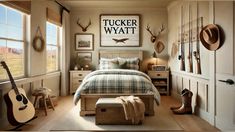 a bed room with a neatly made bed and lots of deer heads on the wall