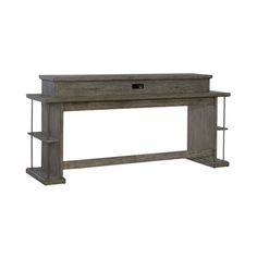 a large wooden console table with shelves on each side and an open shelf below it