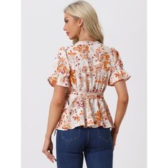 Get ready to turn heads with this stunning Allegra K wrap blouse! The gorgeous floral prints and ruffle details make this wrap peplum blouse an absolute showstopper. Whether you're strolling along the beach or enjoying a night out on the town, this tie-waist blouse is the perfect choice. Pair it with your favorite jeans and high heels, and get ready to feel confident and stylish all night long! Summer Floral Print Peplum Top, Summer Feminine Floral Print Peplum Top, Floral Print Short Sleeve Peplum Top For Spring, Floral Print Peplum Tops For Summer, Summer Peplum Tops With Floral Print, Summer Floral Print Peplum Top With Short Sleeves, Summer Short Sleeve Peplum Top With Floral Print, Feminine Floral Print Peplum Top For Spring, Spring Floral Print Feminine Peplum Top