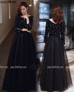 Black Sequin Dress For Banquet, Black Holiday Wedding Dress, Black V-neck Holiday Evening Dress, Black Long Sleeve Banquet Dress, Black Long Sleeve Dress For Banquet, Black Floor-length Evening Dress For Winter, Winter Formal A-line Evening Dress, Winter Party Floor-length Evening Dress, Formal Floor-length Winter Dress