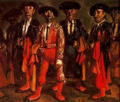 an oil painting of men dressed in red and black with hats on their heads, standing next to each other