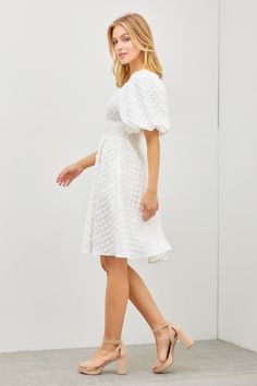 Cream Midi Length Dresses For Day Out, Chic Cream Puff Sleeve Knee-length Dress, White A-line Puff Sleeve Dress For Garden Party, Feminine White Mini Puff Sleeve Dress, Feminine White Puff Sleeve Mini Dress, White Feminine Puff Sleeve Mini Dress, Feminine Off White Dress For Day Out, White Square Neck Dress For Garden Party, Cream Midi Length Dress For Brunch