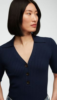 This lightweight knit top has high stretch and a slim fit that tucks perfectly into jeans or trousers. Design features include a ribbed collar, button details, and a three-quarter sleeve. Ribbed Collar Top, Rib Knit Top, Stylish Work Attire, Single Button Blazer, Navy Fashion, Trendy Clothing, Collar Top, Flat Iron, Work Attire