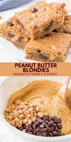 peanut butter blondies with chocolate chips in the middle and peanut butter on the bottom