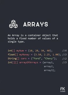 an array is a container object that holds a fixed number of values of a single type