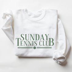 Retro Tennis Sweatshirt I love to help my customers with custom orders, if you have a specific request (adding team or club name, bachelorette party personalization, a different sweatshirt color, design on a shirt, or a swap to a Comfort Colors sweatshirt), please message me and I will promptly get back to you! This is a Gildan Sweatshirt with a UNISEX FIT. Please review the size chart in the images before you place your order. If you have any questions about sizing, I would be happy to help! If White Cotton Sweatshirt For Team Events, Team Spirit Crew Neck Tops With Branding, White Graphic Sweatshirt For Team Events, White Graphic Print Sweatshirt For Team Events, Cotton Team Events Sweatshirt With Letter Print, Long Sleeve T-shirt With Letter Print For Team Events, Cotton Letter Print Sweatshirt For Team Events, Custom Print Cotton Tops For Team Events, Graphic Print Cotton Sweatshirt For Team Events