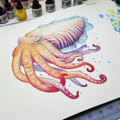 an octopus painting with watercolors on paper