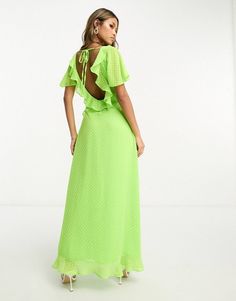 ASOS DESIGN frill detail wrap maxi dress in bright lime texture | ASOS Spring Green Maxi Dress With Tie Back, Green Tie Back Maxi Dress For Spring, Green V-neck Maxi Dress With Tie Back, British Fashion Awards, Wrap Maxi Dress, Christmas Jumper Dress, Frill Sleeves, Dress Rental, Jumpsuit Party