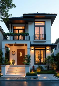 a modern house with lights on the front and stairs leading up to it's second story